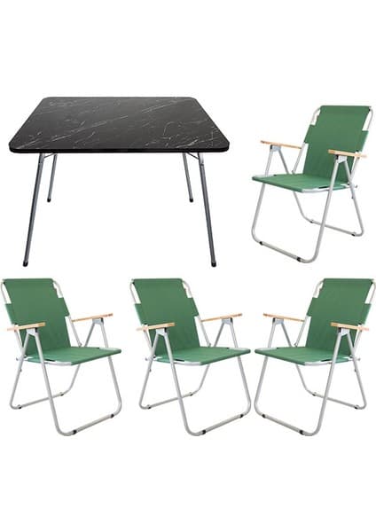 Bofigo 60X80 Granit Desenli Katlanır Masa Ahşap Metal Akrilik Kumaş 4 Kişilik Kamp Seti