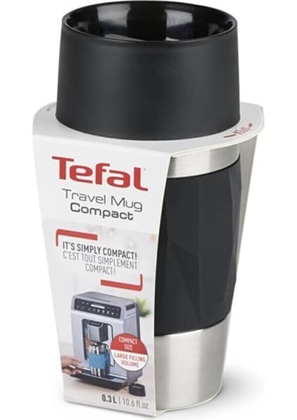 Tefal Travel Mug Compact Termos 0,3 Litre Siyah Paslanmaz Çelik Malzeme ile Uzun Süre Sıcak Tutma