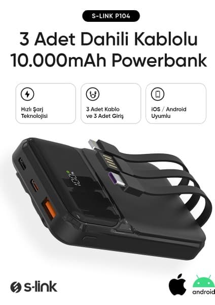 S-Link P104 10000mAh PRM Dahili Kablolu HSC22.5W+PD20W Siyah LCD Taşınabilir Pil Şarj Cihazı Powerbank