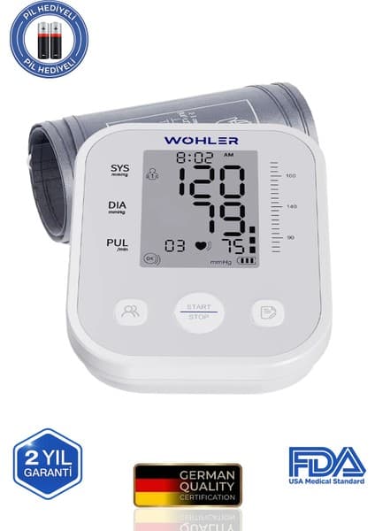 Wohler Üst Koldan Ölçer Dijital Tansiyon Aleti Nabız Ölçer TYPE-C Girişli 99 Ölçüm Hafıza Çantalı