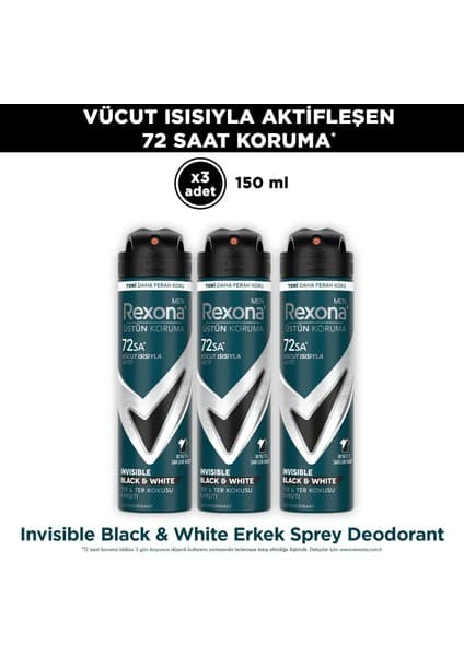 Rexona Men Erkek Sprey Deodorant Invisible Black & White 150 ml x3