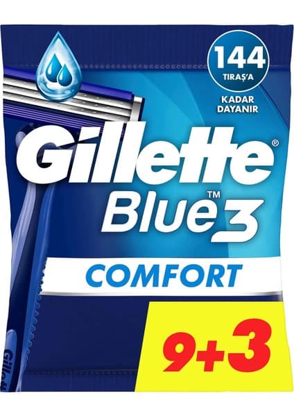 Gillette Blue3 Comfort Kullan At Tıraş Bıçağı 12 Adet 9+3 Hassas Cilt Dostu Ergonomik Tasarım