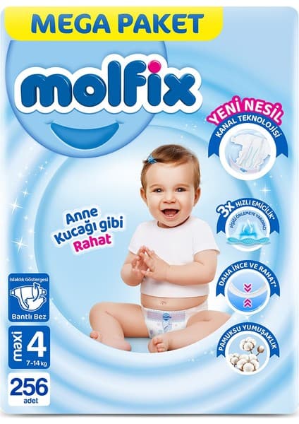 Molfix Kanal Teknolojisi Mega Paketi 4 Beden Maxi 256 Adet