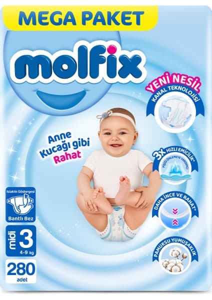 Molfix Kanal Teknolojisi Mega Paket 3 Beden Midi 280 Adet
