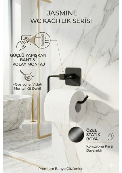 Alper Banyo Jasmin Kare Yapışkanlı Siyah Açık Tuvalet Kağıtlığı, Wc Kağıtlık, Tuvalet Kağıdı Askısı | Yapışkanlı ve Vidalı Montajlı