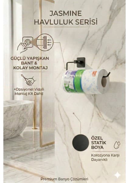 Alper Banyo Jasmin Siyah Kare Solo Havluluk, Yapışkanlı ve Vidalı Montajlı Havlu Askısı, Statik Boyalı 25 cm