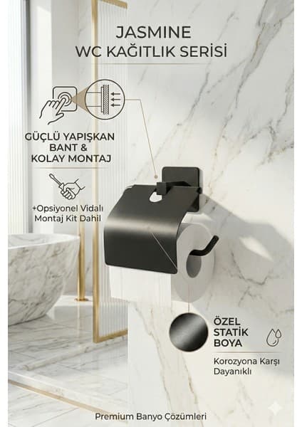 Alper Banyo Jasmin Siyah Kare Kapaklı WC Kağıtlık, Yapışkanlı ve Vidalı Montajlı Tuvalet Kağıdı Askısı, Statik Boyalı
