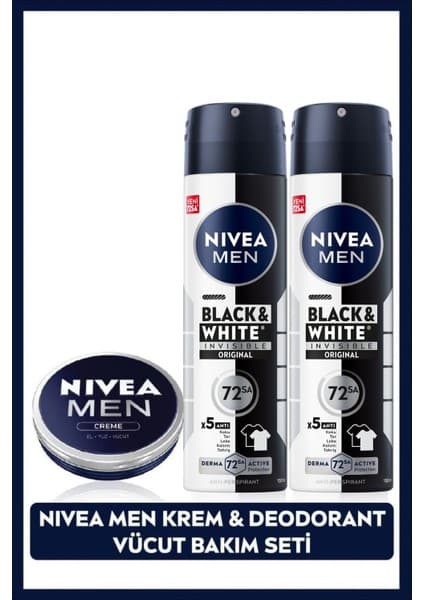 Nivea MEN Erkek Nemlendirici Vücut Bakım Kremi ve Sprey Deodorant Black&White Invisible Original 150ml, X2 Adet