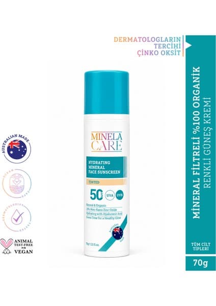 Minela Care Hydrating Organik Mineral Filtreli Renkli Yüz Güneş Kremi Spf 50 70 gr PA++++