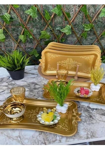 Azesur 6 Adet Altın Kurdale Kahve Sunumluk Tepsi Gold (Plastik)Kelebek