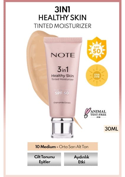 Note Cosmetics 3 in 1 Healthy Skin Tinted Moisturizer SPF 50 Renk Ton Eşitleyici Krem - 10 Medium