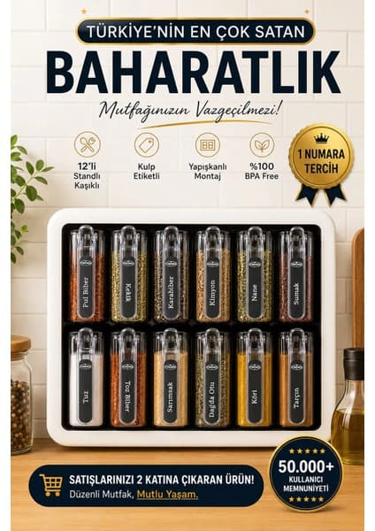 Porsima Simple 1165 Random 12'li Standlı Kendinden Yapışkanlı Kaşıklı Kapaklı Baharatlık Saklama Kabı Seti - Siyah Beyaz