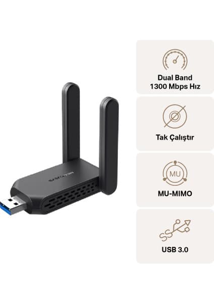 Mercusys MA32H, AC1300 Mbps, Çift Bant, USB 3.0, Yüksek Çekim Güçlü Wi-Fi 5 USB Adaptör