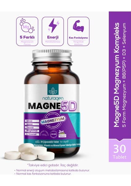Naturagen Magne 5d Magnezyum Kompleksi 200MG 30 Çiğnenebilir Tablet | P5P, D3, Selenyum | Nane & Limon Aromalı