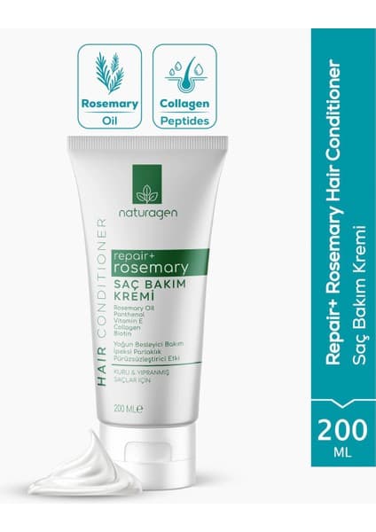 Naturagen Repair+ Rosemary Saç Bakım Kremi 200 ml | Hasar Onarımı | Biberiye Özlü | Kuru ve Yıpranmış Saçlar