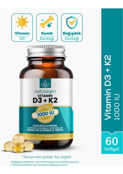 Naturagen Vitamin D3 + K2 1000 IU 60 Softgel Kapsül Gluten Free TR Menşeli Takviye Edici Gıda