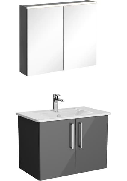 VitrA 72163 Root Flat Banyo Dolabı Seti, Lavabo Bataryası ve Ara Musluk Dahil, 80 cm, LED Aydınlatmalı, 2 Kapaklı, Parlak Antrasit