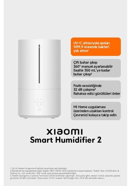 Xiaomi Smart Humidifier 2 - 4,5 L Akıllı Hava Nemlendirici, 350ml/H Buhar Çıkışı, Otomatik Mod (Xiaomi TR Garantili)