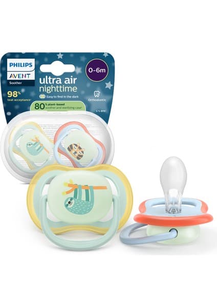 Philips Avent Ultra Air Gece Emziği, 0-6 Ay, Erkek, Karanlıkta Parlayan, Ortodontikyumuşak Silikon Uçlu, Bpa Içermez, Hijyen Kutulu, 2'li, SCF376/24