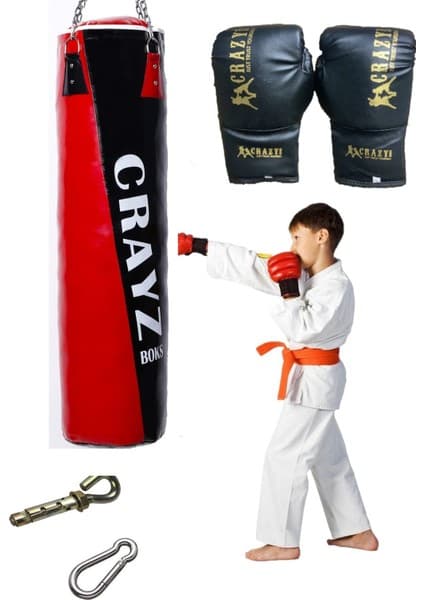 Crazy Çocuk Dolu Boks Kum Torbası 70 cm x 25 cm + Çocuk Boks Eldiven Seti + Askı Aparatı