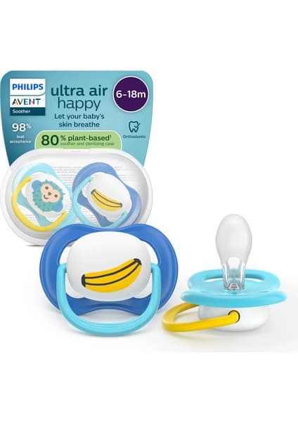 Philips Avent Ultra Air Emzik 6-18 Ay, Erkek, Ortodontik, Yumuşak Silikon Uçlu, Bpa Içermez, Taşıma ve Hijyen Kutulu, 2'li Paket, SCF080/26