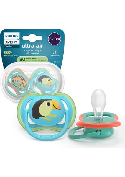 Philips Avent Ultra Air Emzik 6-18 Ay, Erkek, Ortodontik, Yumuşak Silikon Uçlu, Bpa Içermez, Hijyen Kutulu, 2'li, SCF087/11