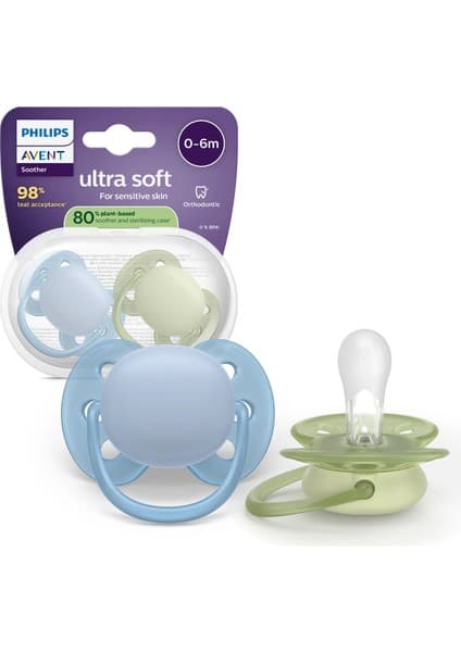 Philips Avent Ultra Soft Emzik 0-6 Ay, Erkek, Esnek Emzik Kalkanı, Ortodontik, Yumuşak Silikon Uçlu, Bpa Içermez, Hijyen Kutulu, 2'li, SCF091/37