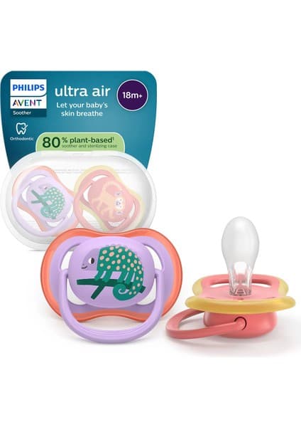 Philips Avent Ultra Air Emzik 18 Ay+, Kız, Ortodontikyumuşak Silikon Uçlu, Bpa Içermez, Hijyen Kutulu, 2'li, SCF349/47