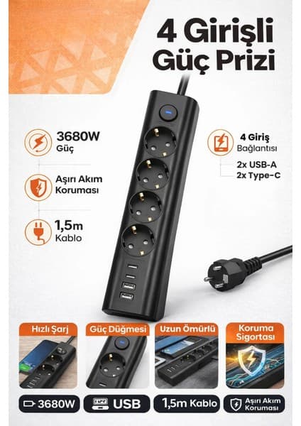 Yussraw 4lü Priz + 2 USB (2 Type-C) Akım Korumalı Anahtarlı Uzatma Kablosu – 2 Metre