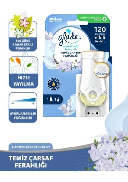 Glade Elektrikli Oda Kokusu Seti Temiz Çarşaf Ferahlığı 1 Cihaz 1 Yedek 20 ml Uzun Süre Kalıcı