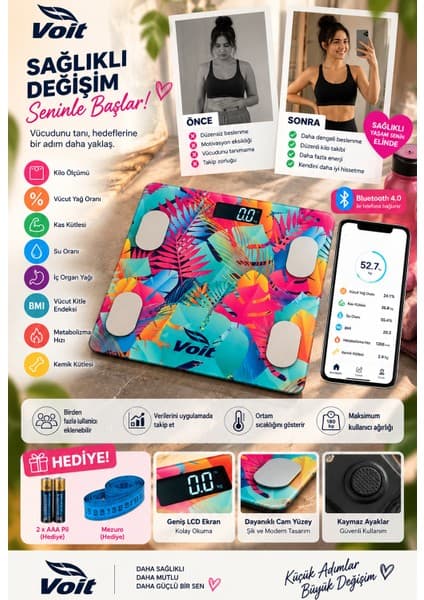 Voit Colorful Bluetooth Baskül Dijital Akıllı Tartı Yağ Ölçer Tartı - Pil ve Mezura Hediyeli Tartı
