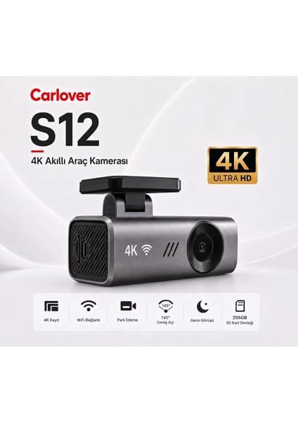Carlover S12 4K Araç Kamerası 2160P Geniş Açı 145° Wi-Fi Özellikli Gece Görüşlü
