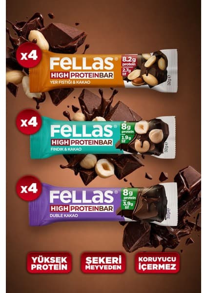 Fellas Protein Bar (32 g) Karma Kutu - 12 Adet (3 Çeşit)