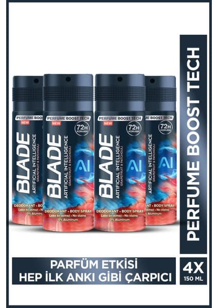 Blade Artificial Intelligence Erkek Deodorant Body Spray 4X150 ml Hızlı Kurur,leke Bırakmaz