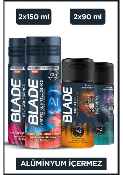 Blade Erkek Alüminyumsuz Deodorant Self Confidence, A.ı 1.0 2X150 Ml- Night Fire, Black Alpha 2X90 ml