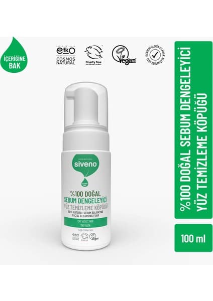 Siveno %100 Doğal Yüz Temizleme Köpüğü Yağlı Ciltler İçin Makyaj Siyah Nokta Sivilce Vegan 100 ml