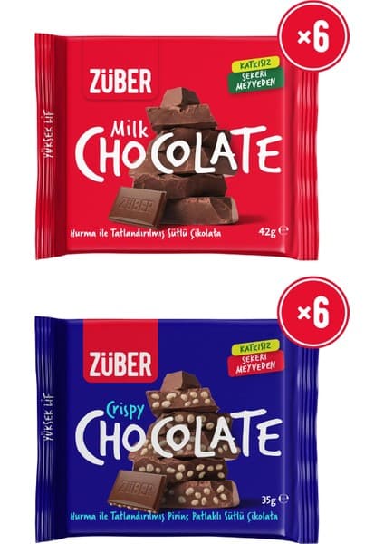 Züber Pirinç Patlaklı Sütlü Çikolata 35G x 6 Adet + Sütlü Çikolata 42G x 6 Adet