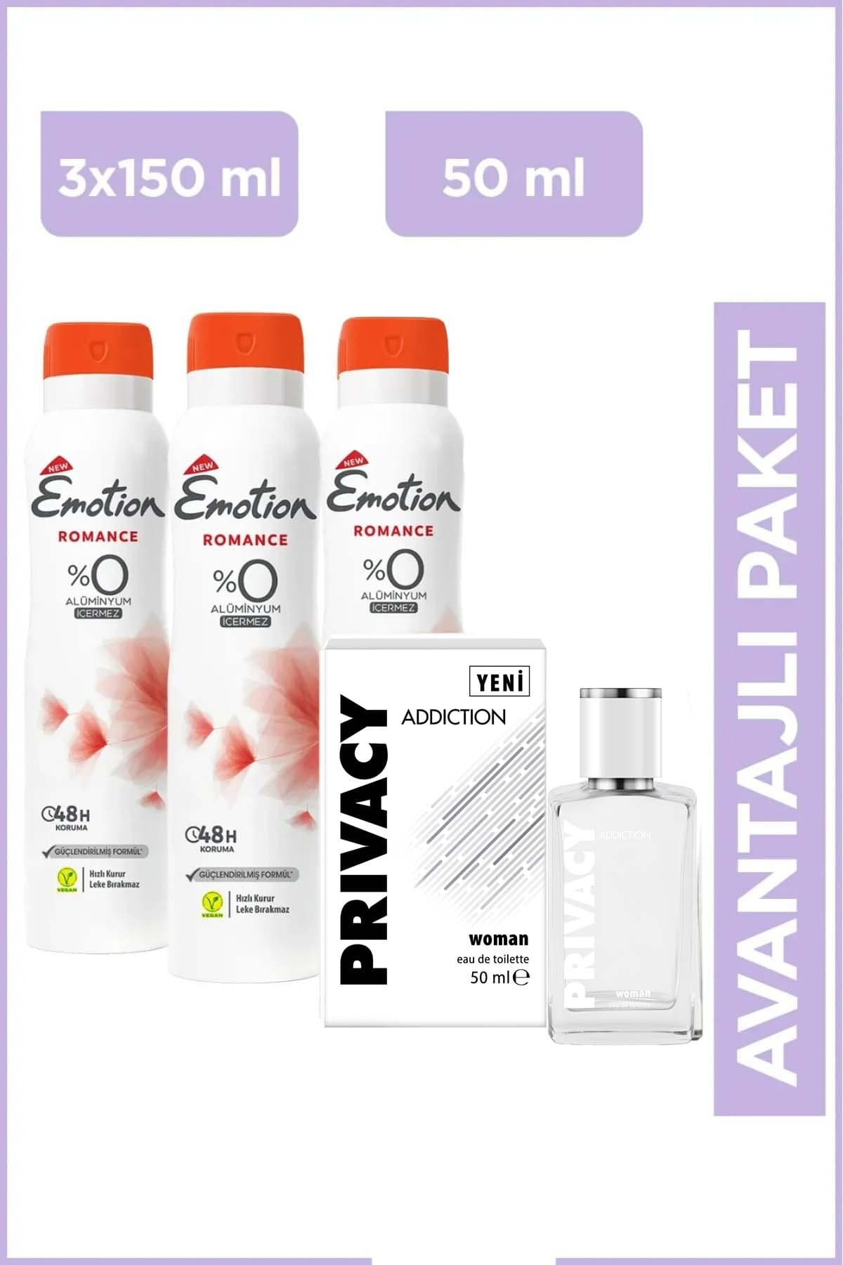 Privacy Women Addiction Edt Kadın Parfüm 50 ml & Emotion Romance Kadın Deodorant 3x150 ml