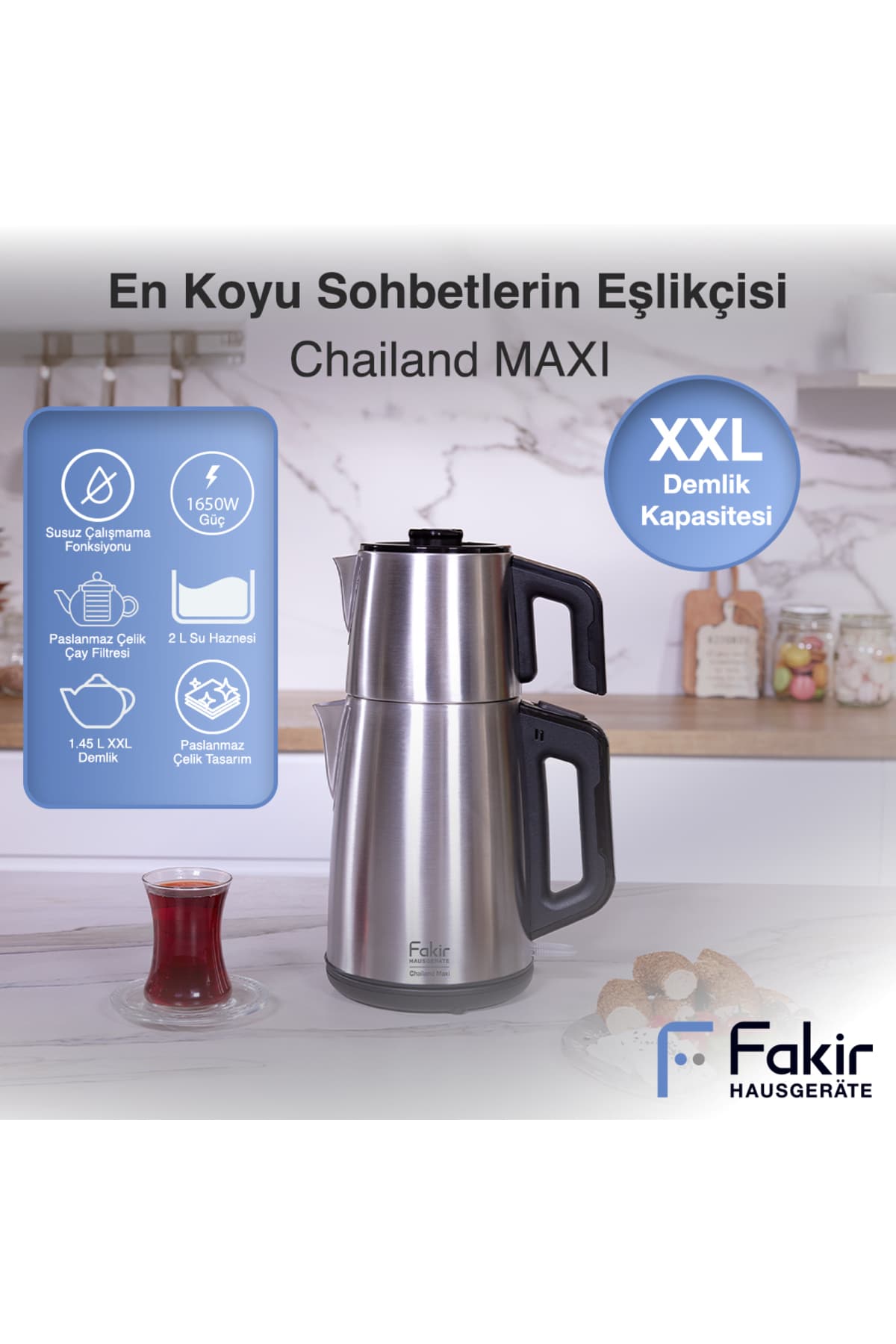 Fakir Chailand Maxi XXL Çay Makinesi Inox 1650W 2L Su 1.45L Demlik Otomatik Kapanma Çaycı