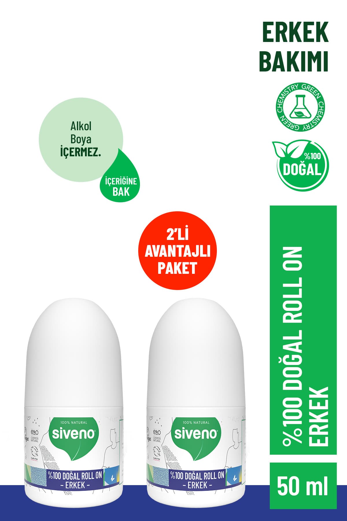 Siveno %100 Doğal Roll On Erkek Deodorant Ter Kokusu Önleyici Leke Bırakmayan Vegan 50 ml X2 Adet