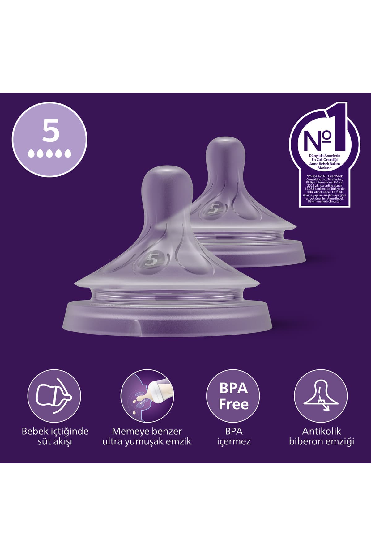 Philips Avent Doğal Tepkili 2'li Biberon Emziği, 5 Numara, SCY965/02
