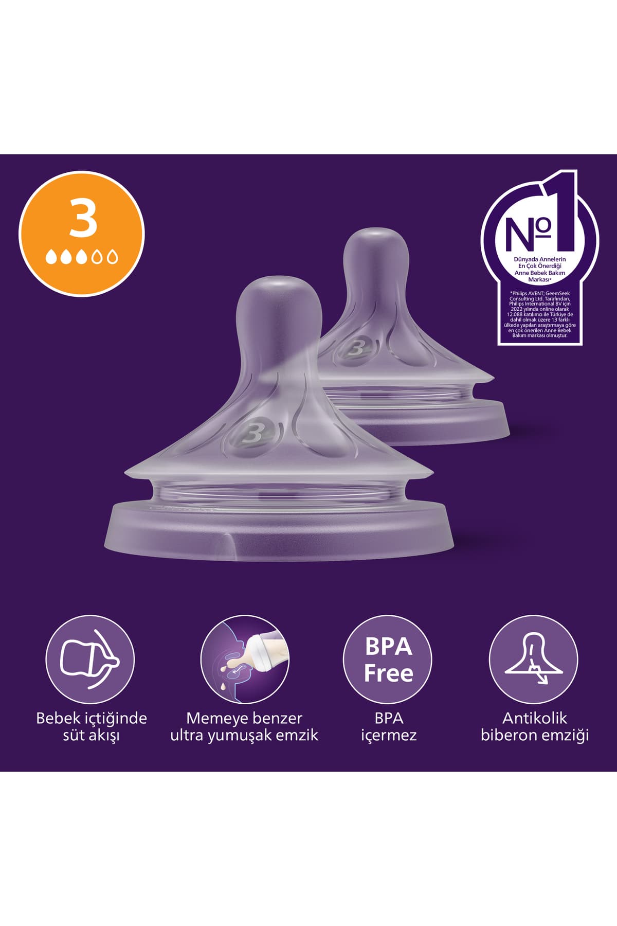 Philips Avent Doğal Tepkili 2'li Biberon Emziği, 3 Numara, SCY963/02