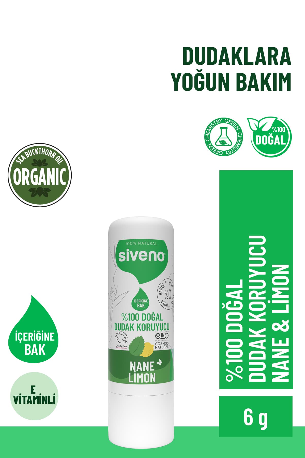 Siveno %100 Doğal Dudak Koruyucu Nane & Limon Bitkisel Lipbalm Krem Nemlendirici Parlatıcı Onarıcı 6 G