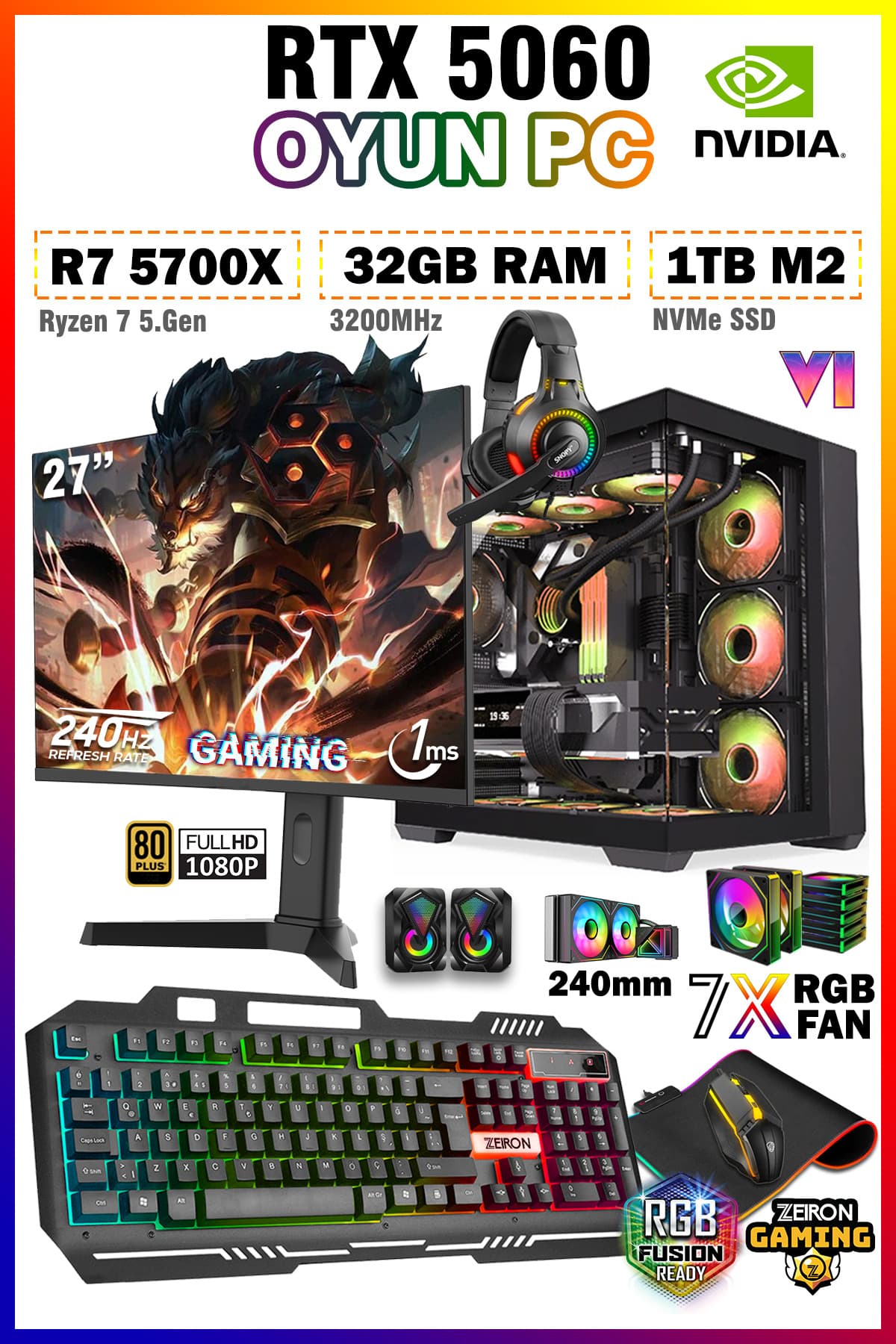 Zeiron Warrior Eagle X55 Ryzen 7 5700X 32GB 1TB SSD RTX5060 GDDR7 27" 240Hz Sıvı Soğutmalı Oyun Bilgisayarı