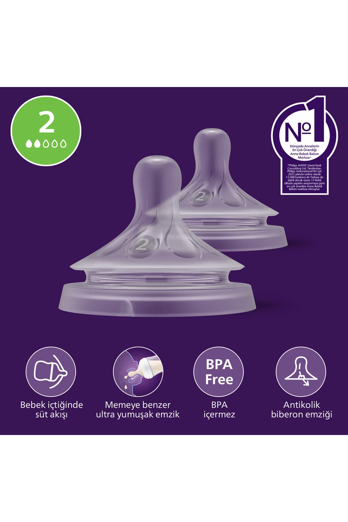 Philips Avent Doğal Tepkili 2'li Biberon Emziği, 2 Numara, SCY962/02
