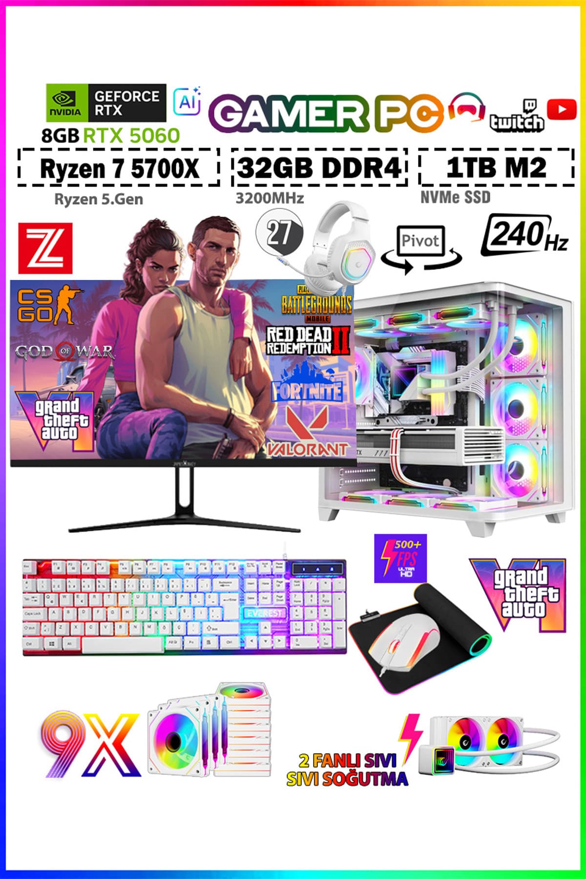Zeiron Warrior Eagle X55 White Ryzen 7 5700X 32GB 1TB M.2 RTX5060 27" 240Hz Sıvı Soğutma Oyuncu Bilg