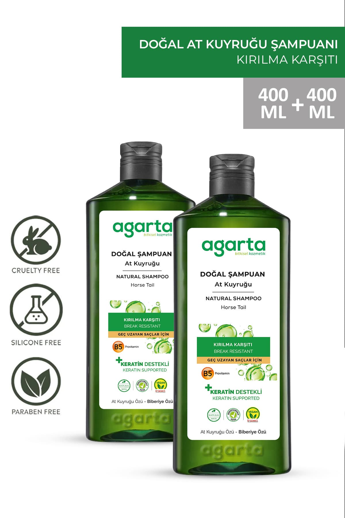 Agarta 2 Adet Doğal At Kuyruğu Özlü Tuzsuz Şampuan 400 ml