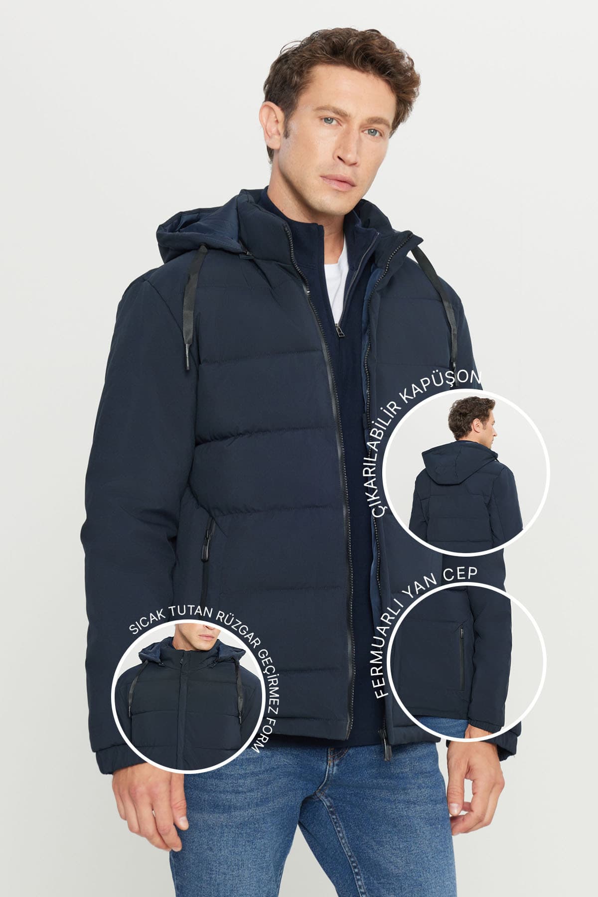 AC&Co / Altınyıldız Classics Erkek Lacivert Sıcak Tutan Dolgulu Standart Fit Dik Yaka Kapüşonlu Yan Cepli Casual Mont