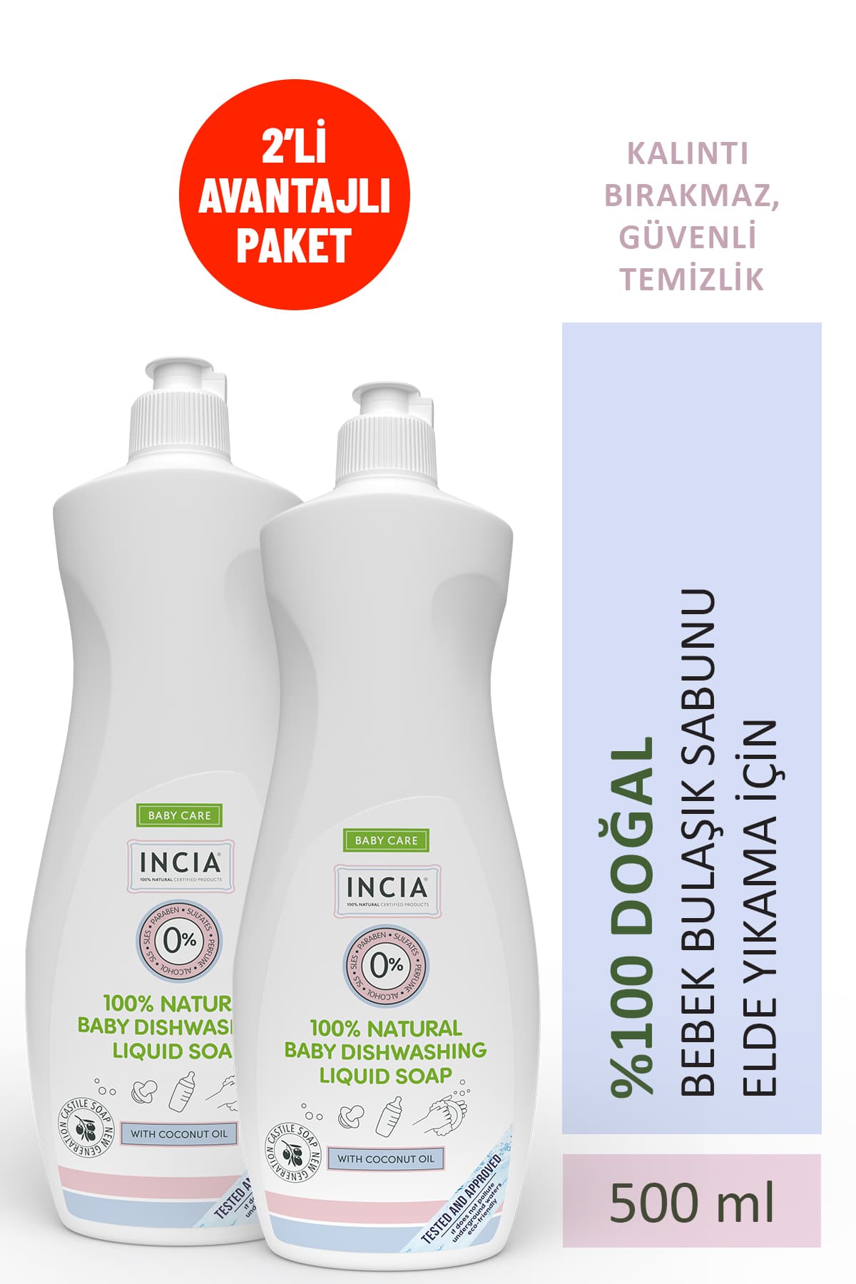 INCIA %100 Doğal Bebek Bulaşık Sabunu Bitkisel Emzik Biberon Temizleyici Vegan 500 ml 2 X Adet