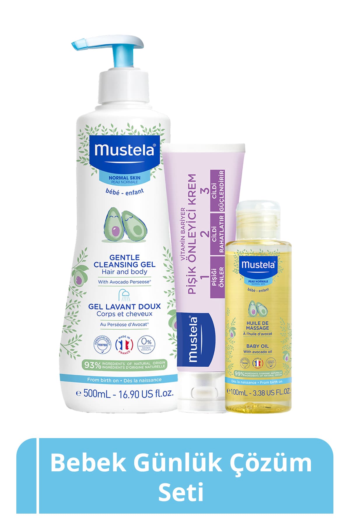 Mustela Bebek Günlük Çözüm Seti Yenidoğan Şampuanı 500 ml, Pişik Kremi 50 ml ve Masaj Yağı 100 ml